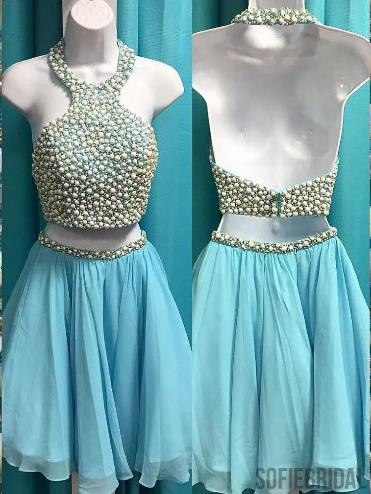 Cheap Halter Two Piece Rhinestone Blue Homecoming Dresses 2018, CM498