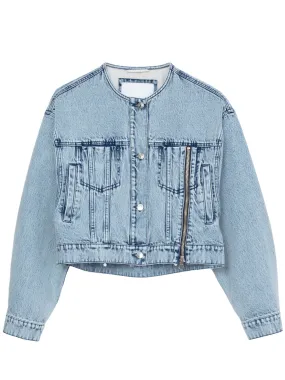 Collarless Cropped Denim Jacket