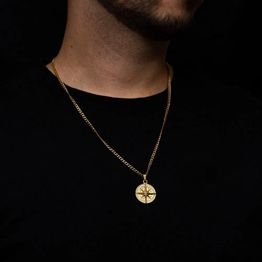 Compass Pendant & Cuban - Gold