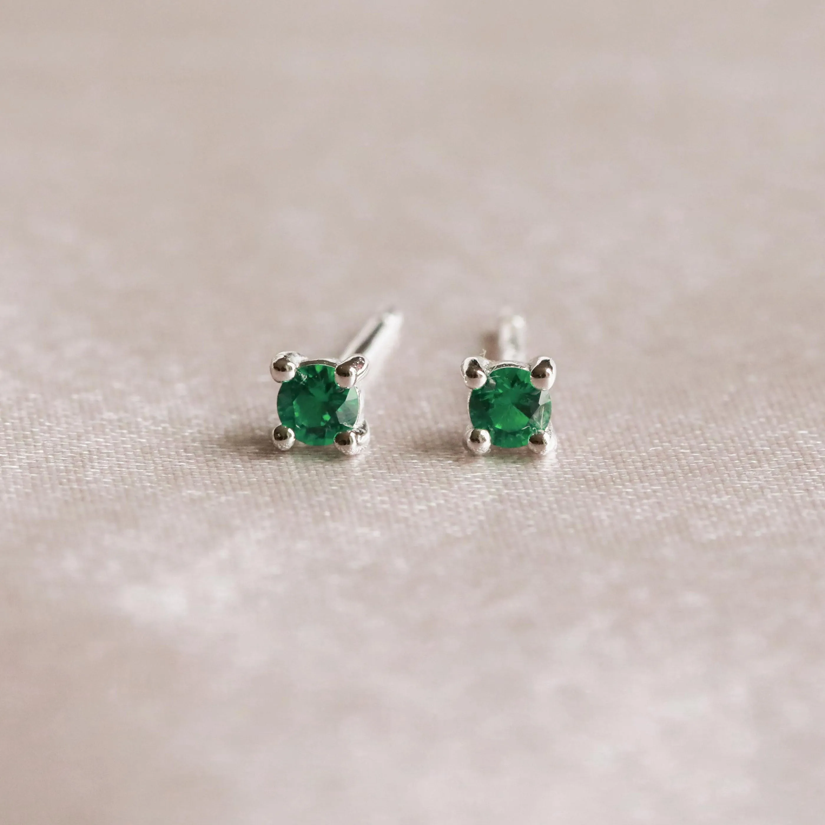 May Birthstone Stud Earrings in Silver with Emerald CZ