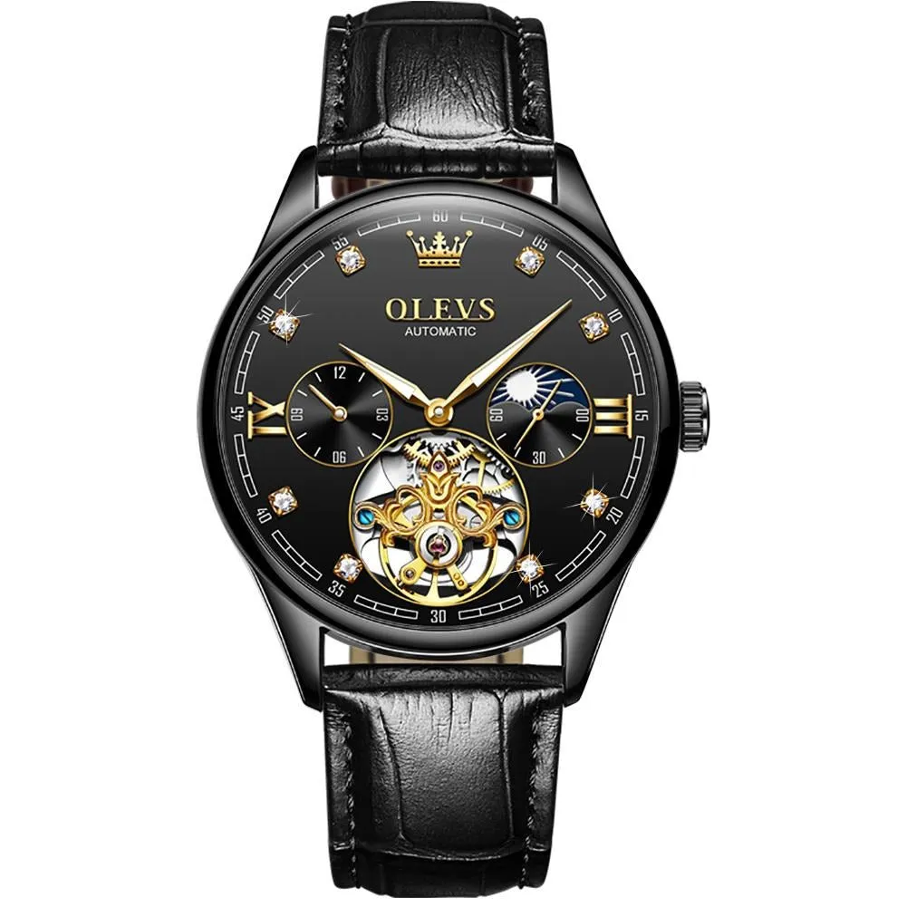 Olevs Tourbillon skeleton luxury business Moon Phase Calendar Leather Luminous Waterproof Men's Automatic Mechanical Watch