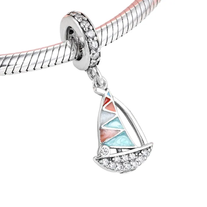 Sail Away Enamel Sailboat Crystal Dangle Charm 925 Sterling Silver